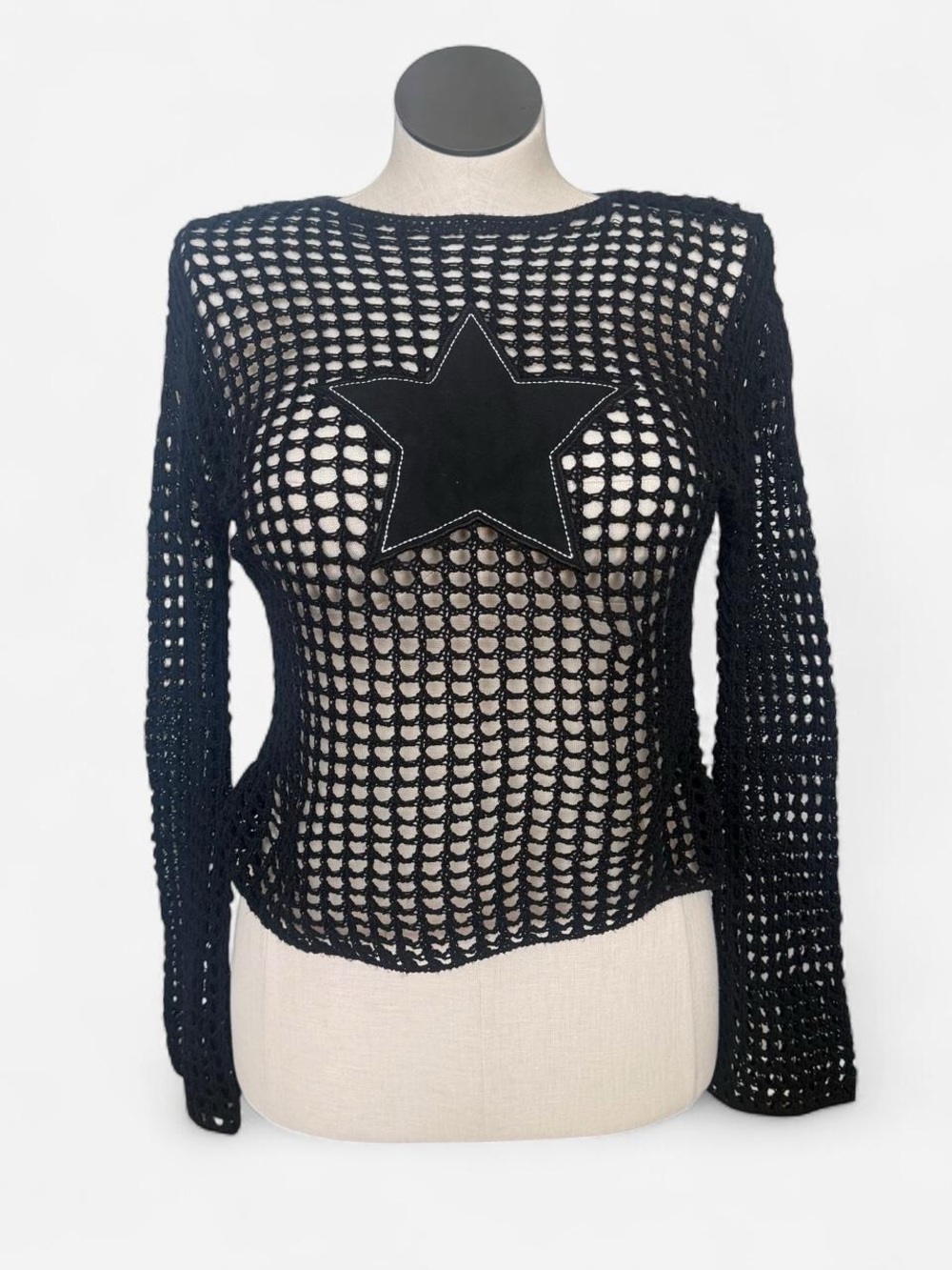Daisy Black Open-Knit Star Appliqué Sweater